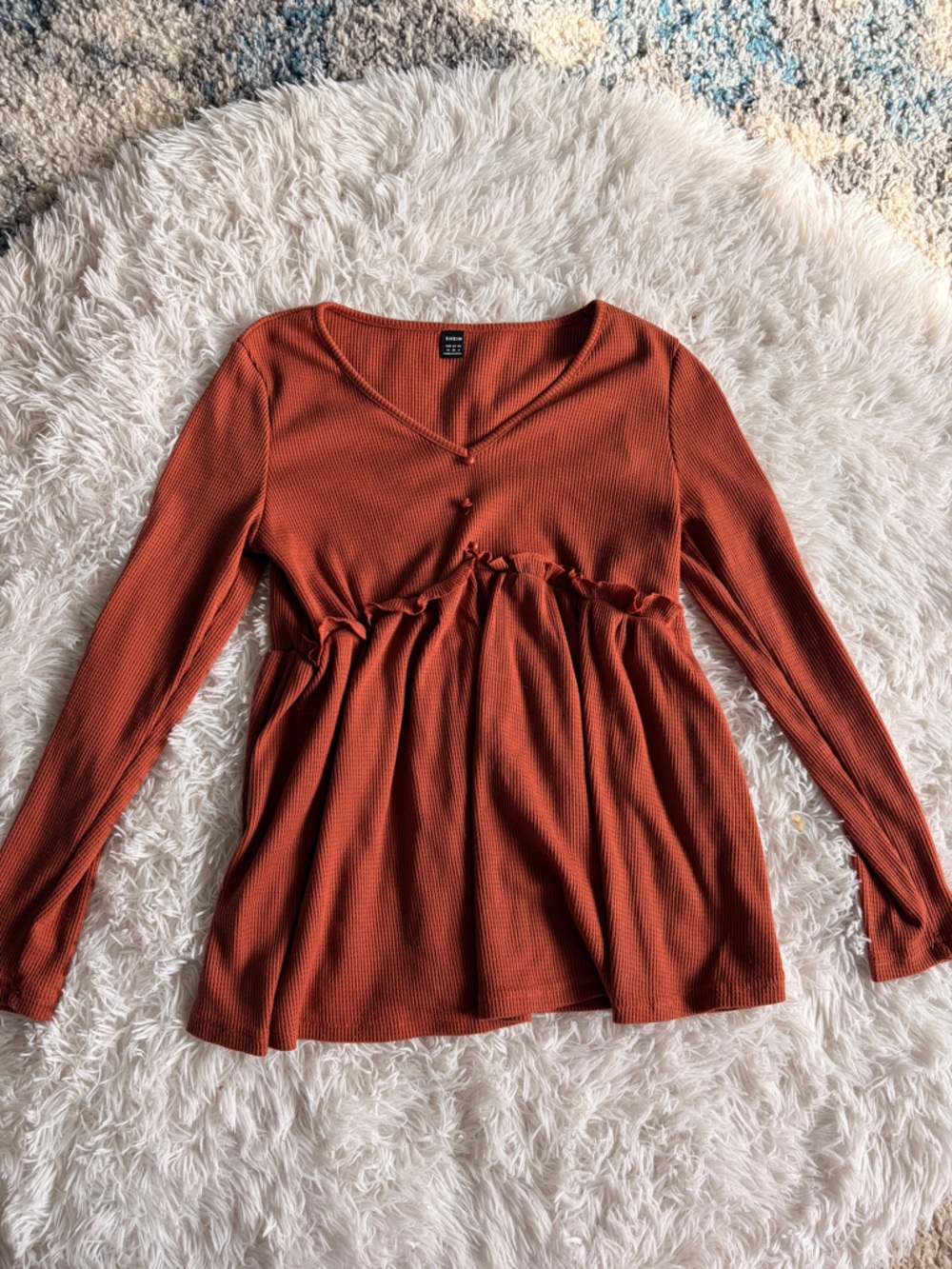 SHEIN Ribbed Knit Babydoll blouse in Rust Orange